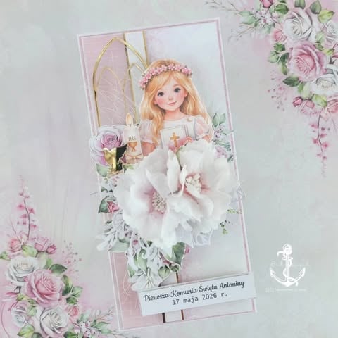 Decorative greeting card with illustrated fairy girl in white dress surrounded by pink and white flowers and floral arrangements
