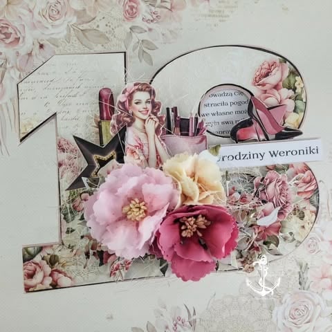 Vintage-style scrapbook with floral papers, pink and cream 3D flowers, retro portrait of woman, and decorative elements with typography by ScrapBoys Anita