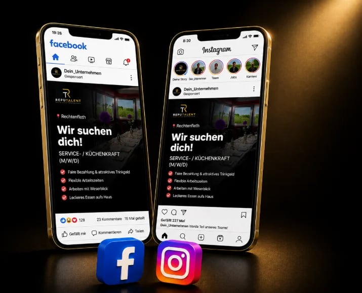 Two smartphones displaying Facebook and Instagram job recruitment posts with service and cooking positions, featuring social media app logos below