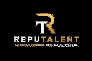 Reputalent logo with white and gold letters on black background, featuring tagline Talente Gewinnen Reputation Starken