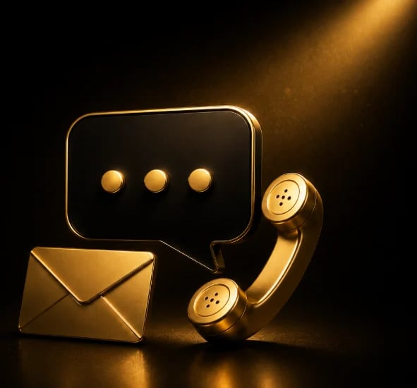 Golden 3D icons of an envelope, chat bubble with dots, and vintage telephone on dark background