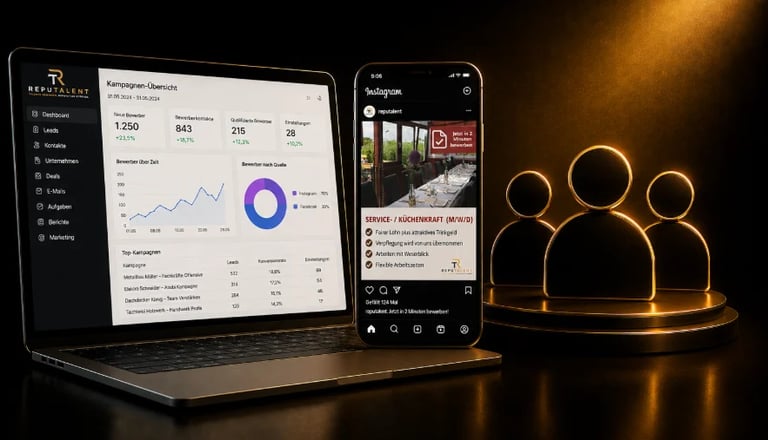Laptop displaying analytics dashboard and smartphone showing social media feed next to glowing user profile icons