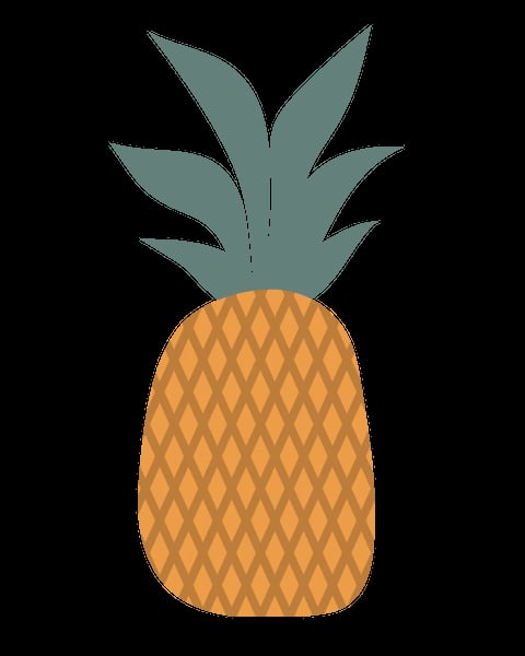 Illustrazione stilizzata di ananas con corpo dorato e corona di foglie blu-verdi