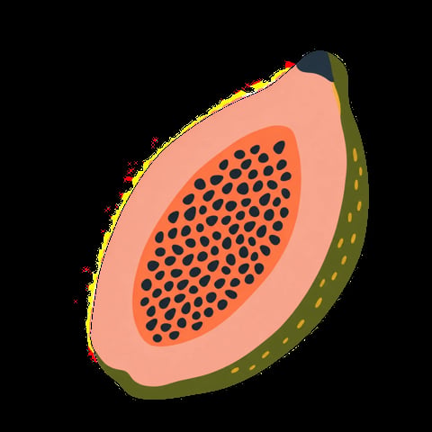 Illustrazione stilizzata di papaya tagliata a metà con polpa rosa e semi neri