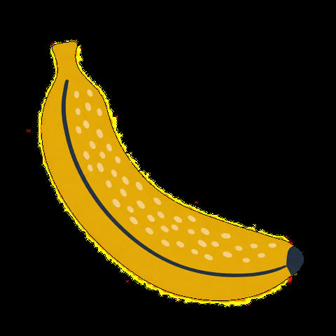 Illustrazione stilizzata di banana gialla curva con macchie bianche
