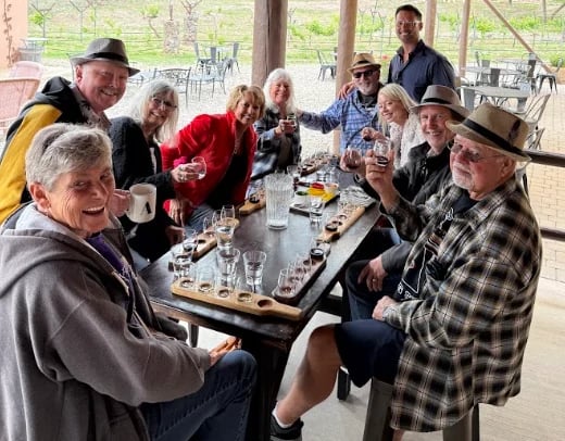 Group of seniors gathered around a table enjoying food and drinks together in a sunlit pavilion