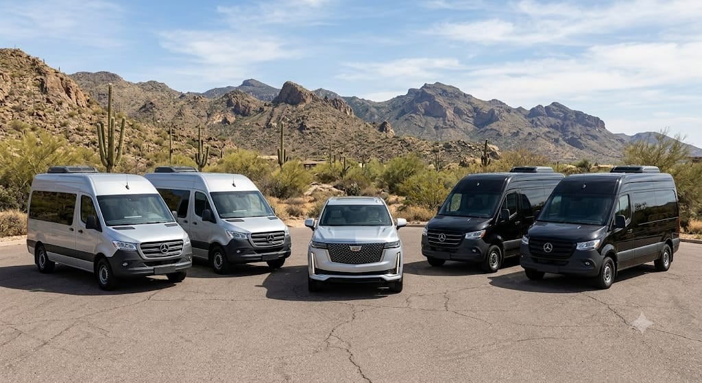 Five Touch of Excellence luxury vehicles parked against an Arizona mountain backdrop