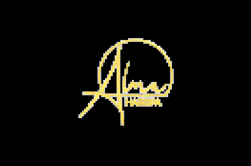 Gold script logo for Alma Hair Spa with circular design on black background