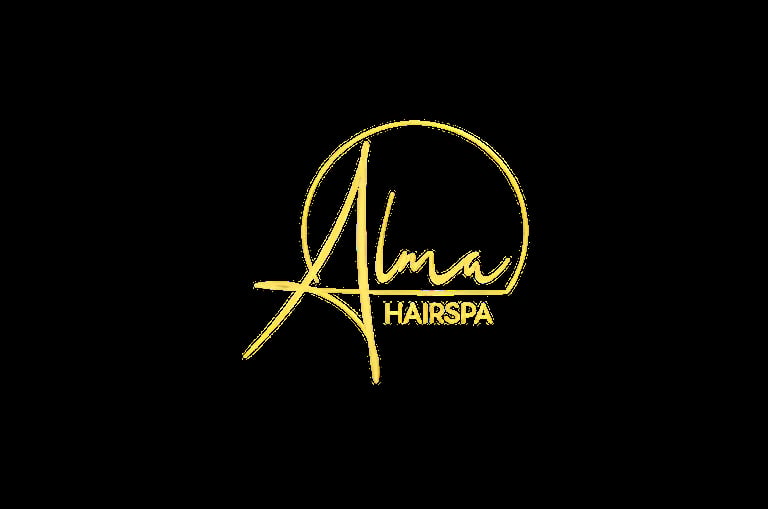 Gold script logo for Alma Hair Spa with circular design on black background