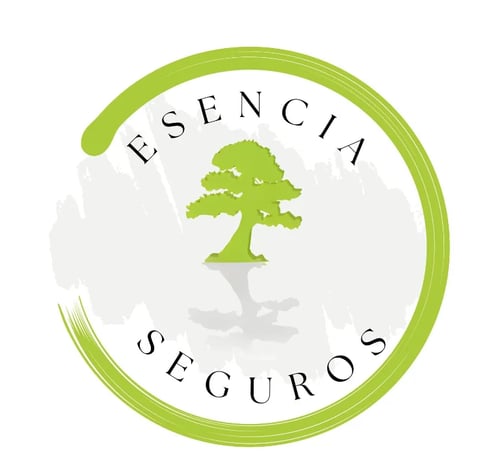 Esencia Seguros logo featuring a green tree silhouette inside a circular lime green border with text