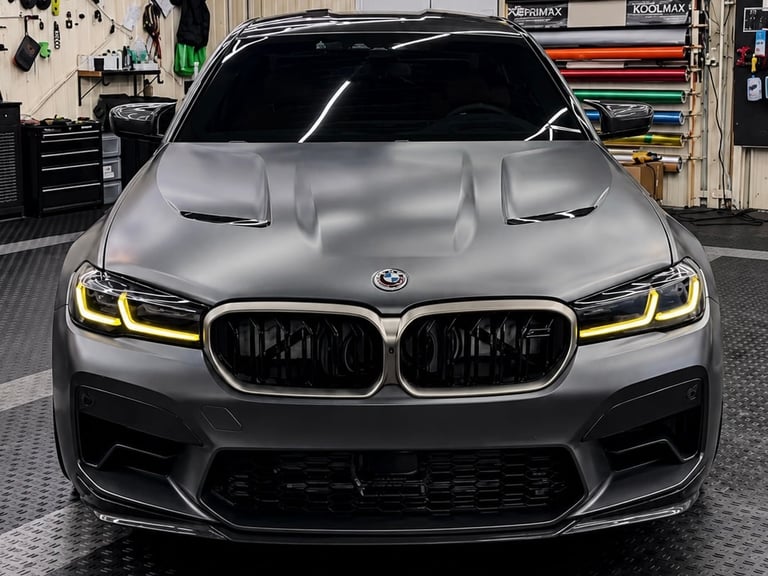 Front view of a silver BMW M5 with yellow LED headlights in a garage workshop