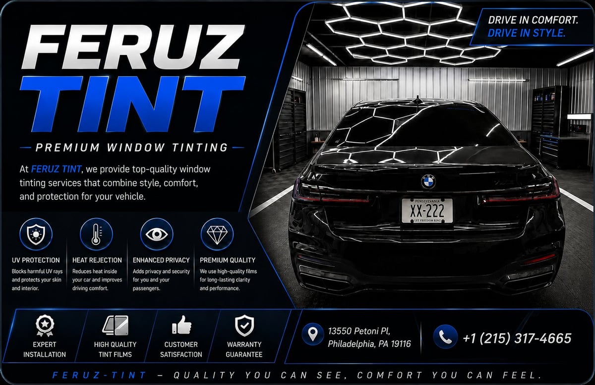 Feruz Tint premium window tinting service advertisement featuring a black BMW in a garage with service icons and contact information