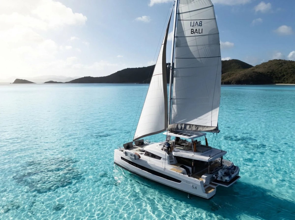 Allegra — white catamaran sailboat with raised sail on turquoise tropical water