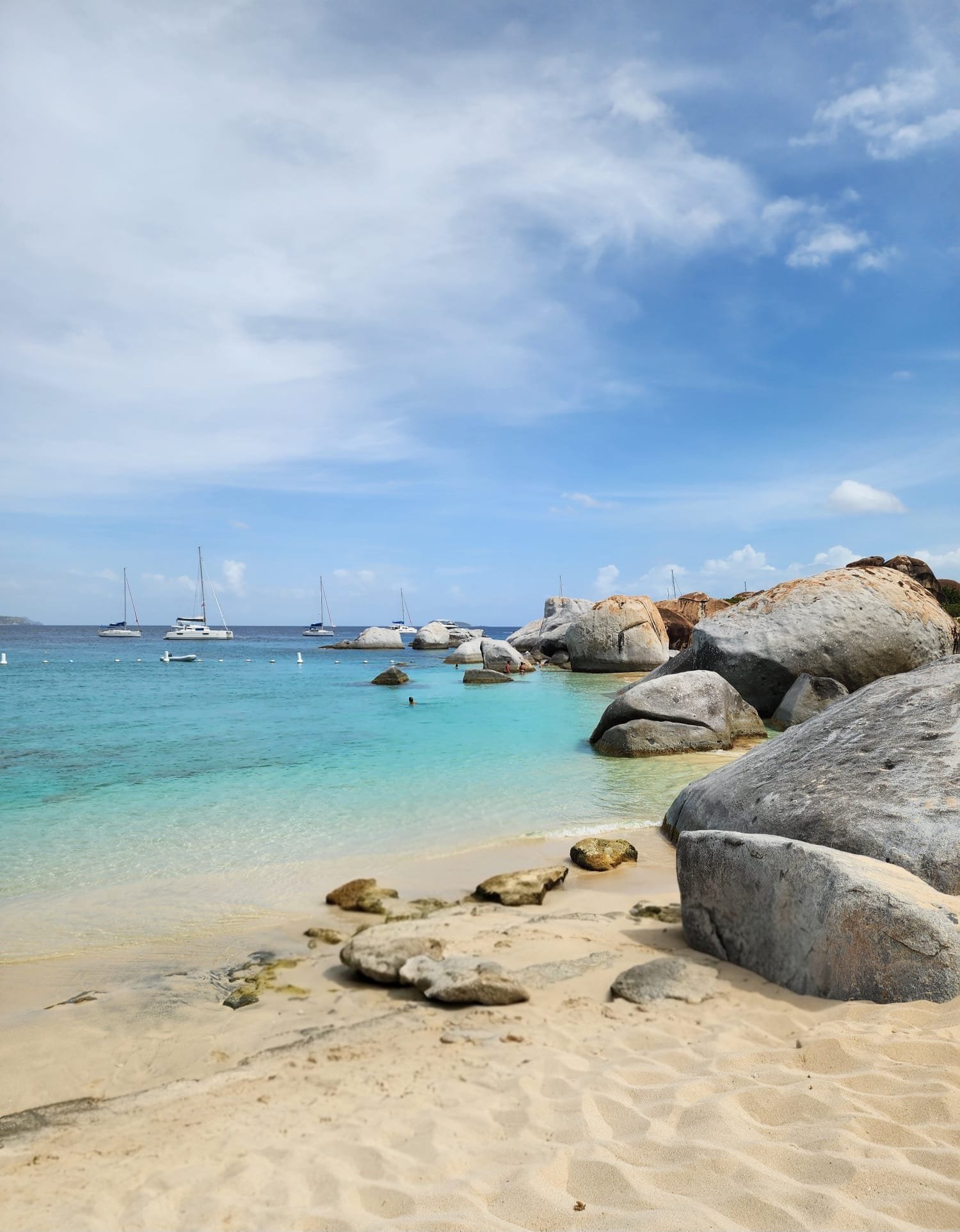 British Virgin Islands — tropical beach with granite boulders and sailboats