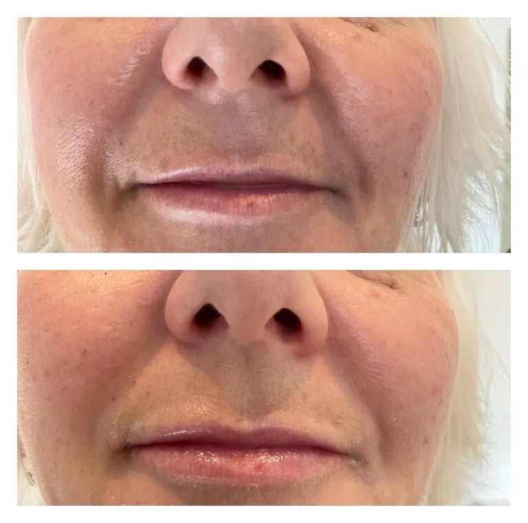 Before and after comparison of facial treatment showing reduction in upper face wrinkles and improved skin texture