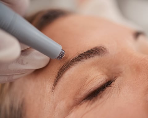 Close-up of microneedling treatment with handheld pen tool on a patient's face