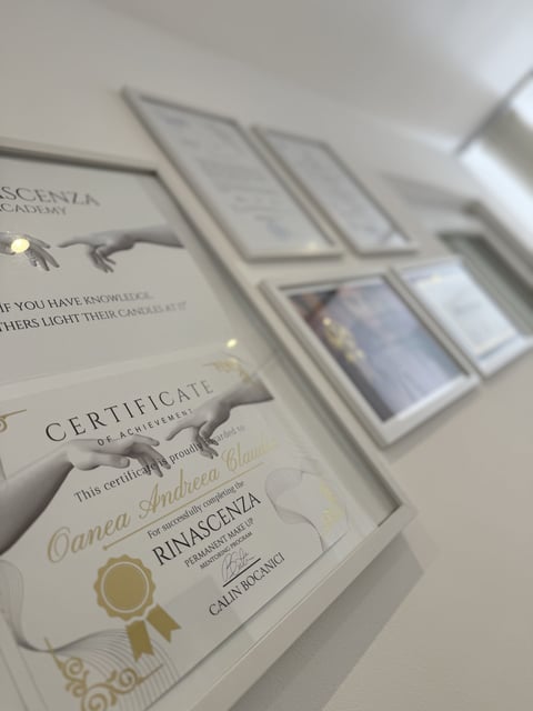Certificate of authenticity with gold ribbon seal and framed photographs on white background