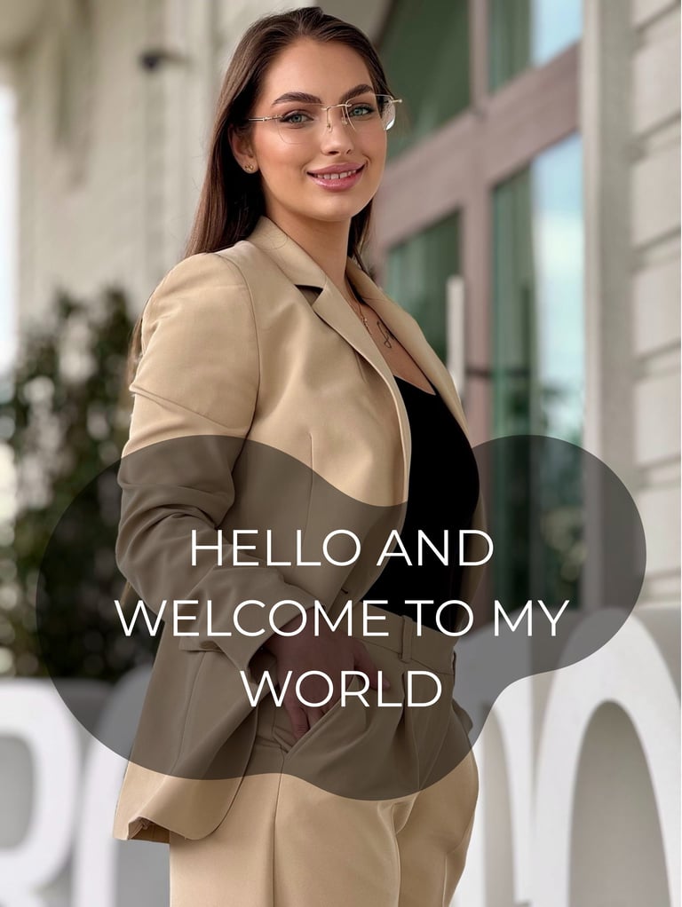 Woman in beige blazer and glasses smiling at camera in front of modern building with text overlay