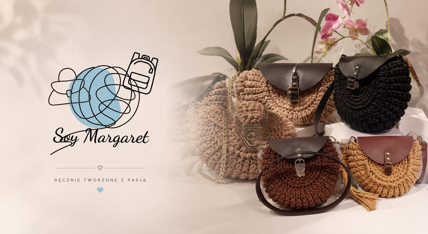 Handmade crocheted bags collection in various colors with logo and text Sey Margaret on white background