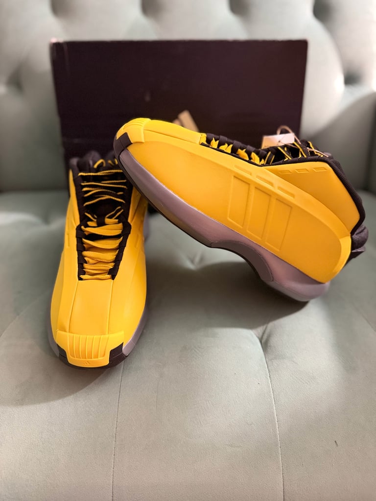 Adidas Crazy 1 "Sunshine" 2022 white sneakers with black stripes on a blue box
